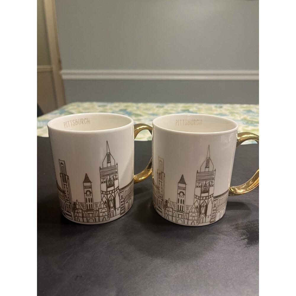 Pair of Nola Tawk White Gold Pittsburgh Skyline Ceramic Coffee Tea Mugs
